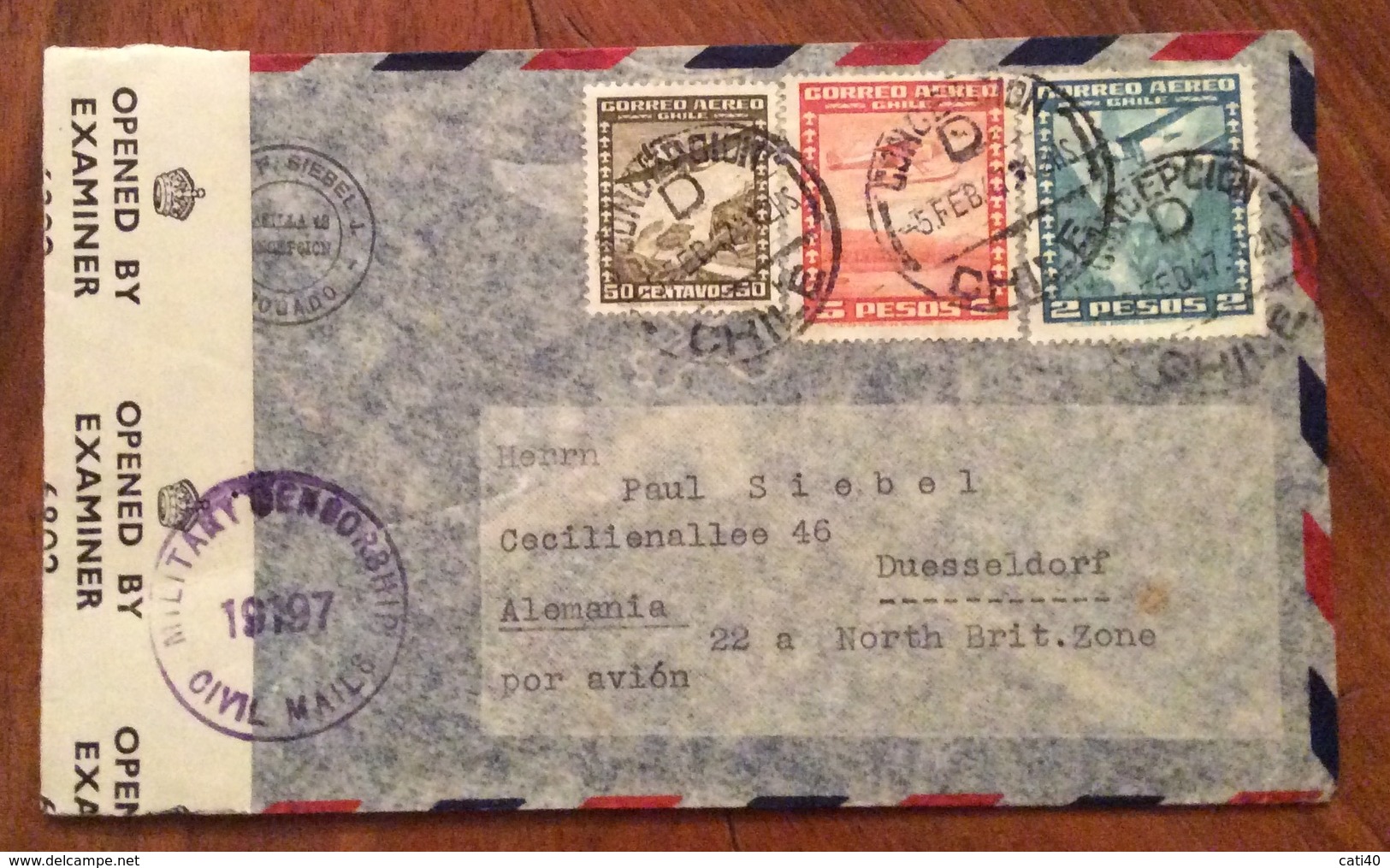 POSTA AEREA PAR  AVION  CHILE  GERMANY NORTH BRIT.ZONE   FROM CONCEPCIÓN TO  DUSSELDORF   THE  5/2/47   CENSURATA - Cile