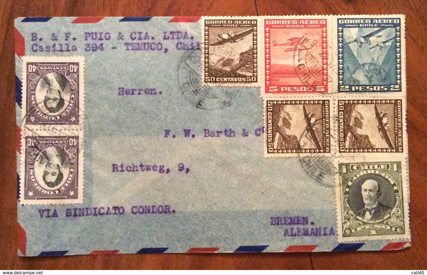 POSTA AEREA PAR  AVION VIA CONDOR  CHILE  GERMANY   FROM TEMUCO  TO  BREMEN   THE 29/3/37 - Cile