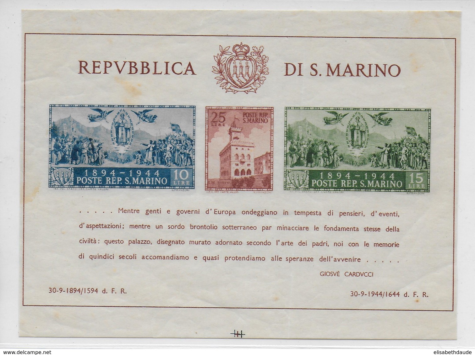 SAINT MARIN - RARE BLOC N°4 * (DEFECTUEUX) - COTE = 100 EUROS - - Blocchi & Foglietti