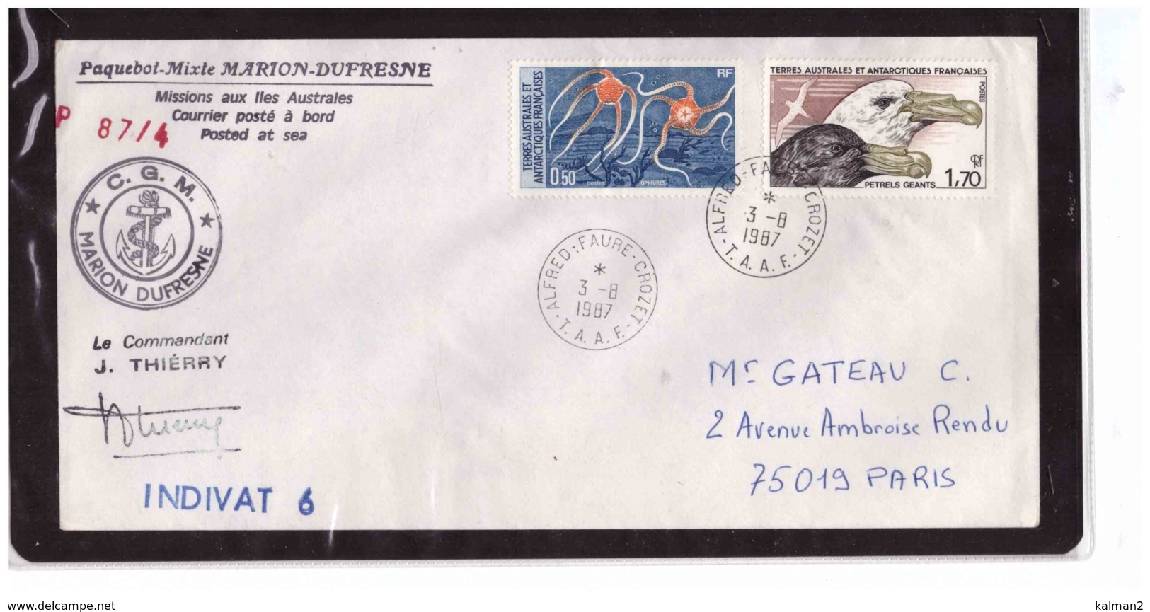 524   -   PAQUEBOT-MIXTE    MARION DUFRESNE   3.8.1987    /    COURRIER POSTE' A BORD - Navi Polari E Rompighiaccio