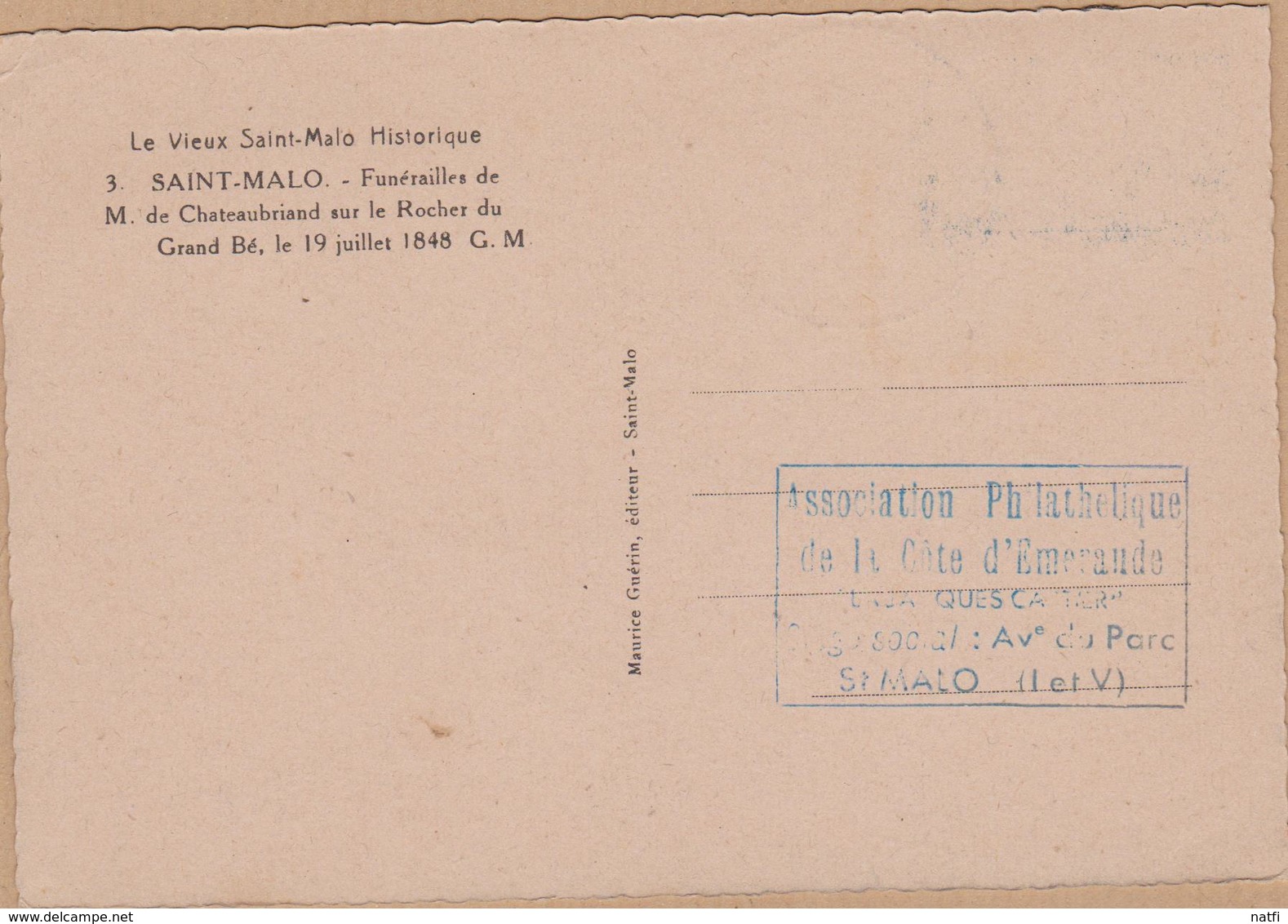 CARTE TIMBRE   1948  CENTENAIRE DE CHATEAUBRIAND ST MALO .V.PHOTOS - Autres & Non Classés