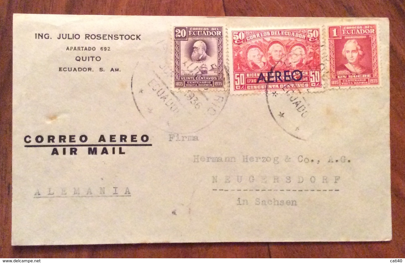 POSTA AEREA PAR AVION  ECUADOR  GERMANY ALEMAGNA   FROM  QUITO  TO NEUGERSDORF  THE 3/6/1936 - Ecuador