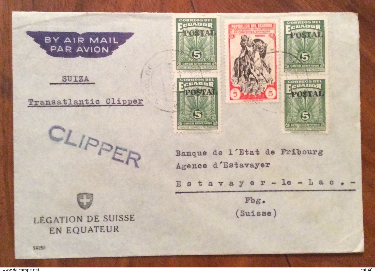 POSTA AEREA PAR AVION TRANSATLANTIC CLIPPER  ECUADOR  SUISSE  FROM LEGATION DE SUISSE TO FRIBOURG THE 10/5/1949 - Ecuador