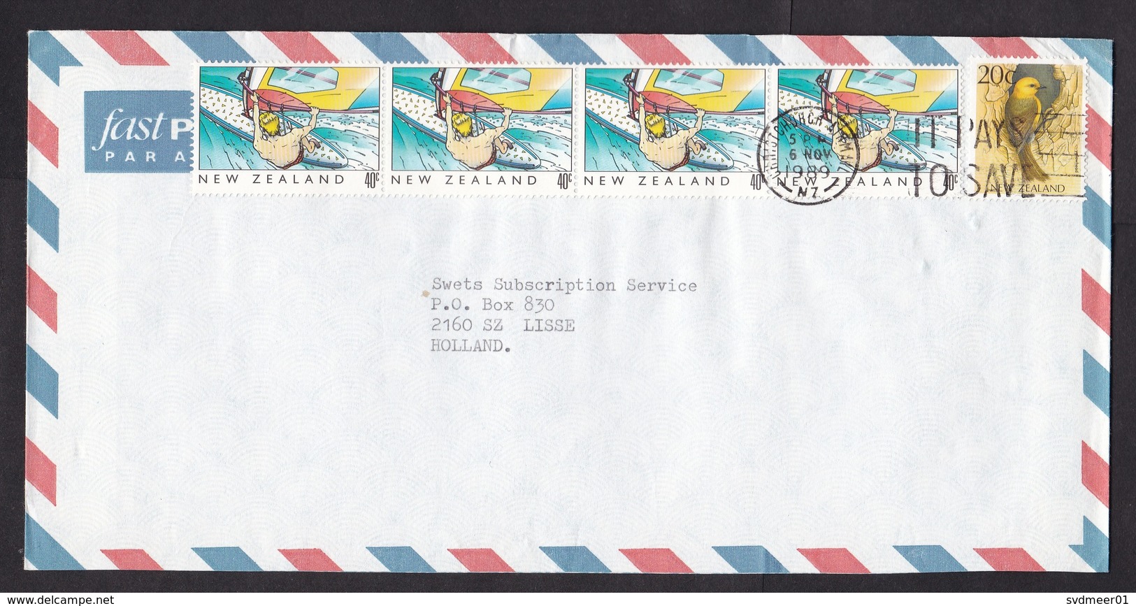 New Zealand: Airmail Cover To Netherlands, 1989, 5 Stamps, Bird, Surfing, Sports (minor Crease) - Brieven En Documenten