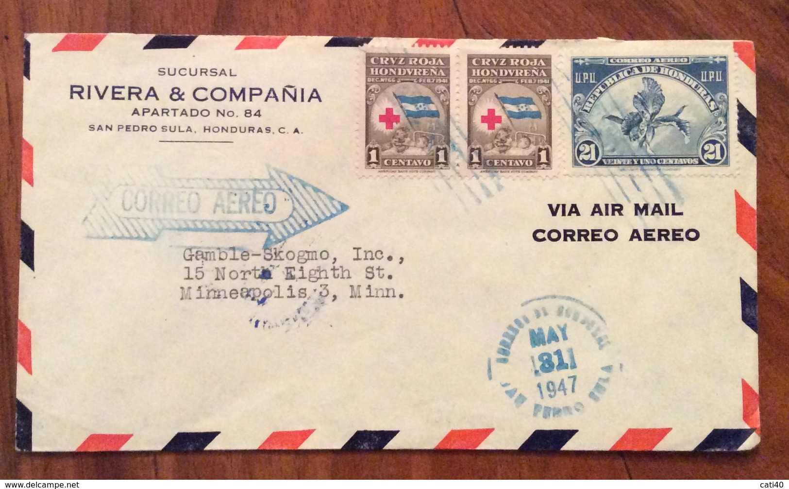 POSTA AEREA PAR AVION  HONDURAS  U.S.A.  FROM  SAN PEDRO SULA    TO  MINNEAPOLIS  THE 31/5/47 - Honduras