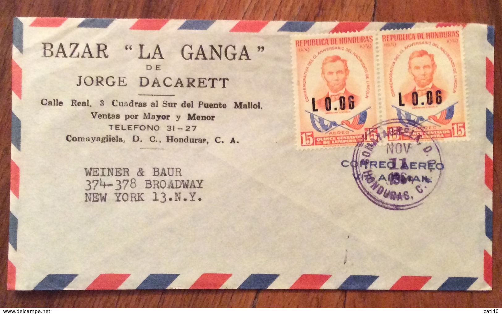 POSTA AEREA PAR AVION  HONDURAS  U.S.A.   FROM COMAYAGUA  TO NEW YORK   THE  11/8/64 - Honduras