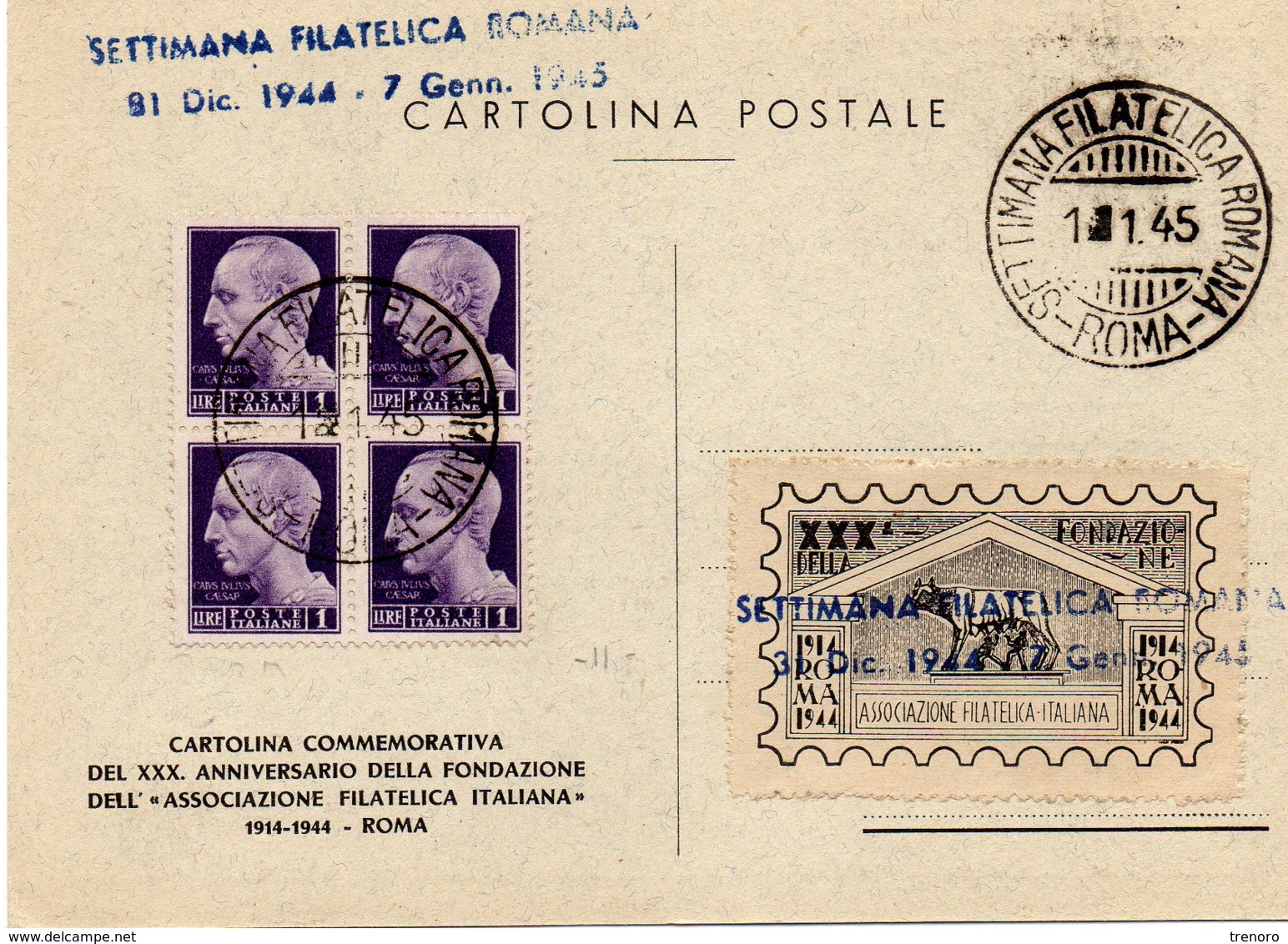 CARTOLINA SETTIMANA FILATELICA ROMANA - 1.1.1945 - Marcophilia