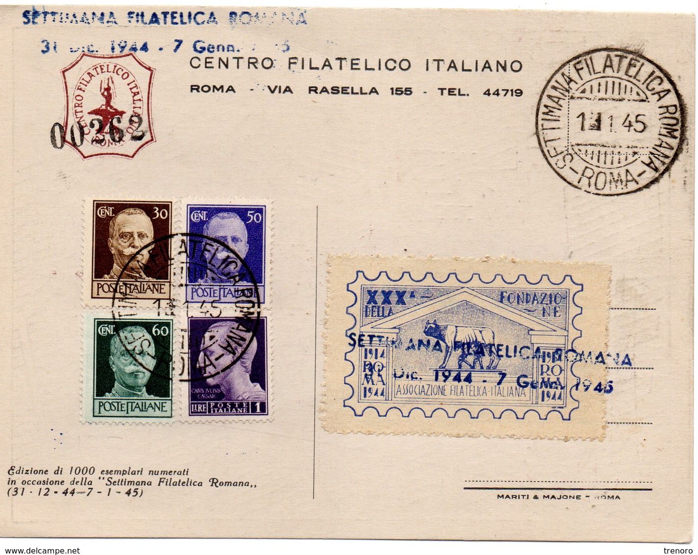 CARTOLINA SETTIMANA FILATELICA ROMANA - 1.1.1945 - Marcophilia