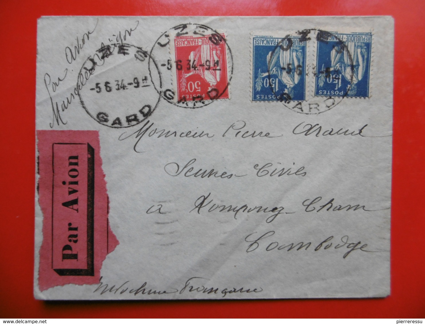 LETTRE PAR AVION CACHET UZES TIMBRES TYPES PAIX VIA KAMPONG CHAM CAMBODGE 1934 Verso A Voir - 1921-1960: Période Moderne