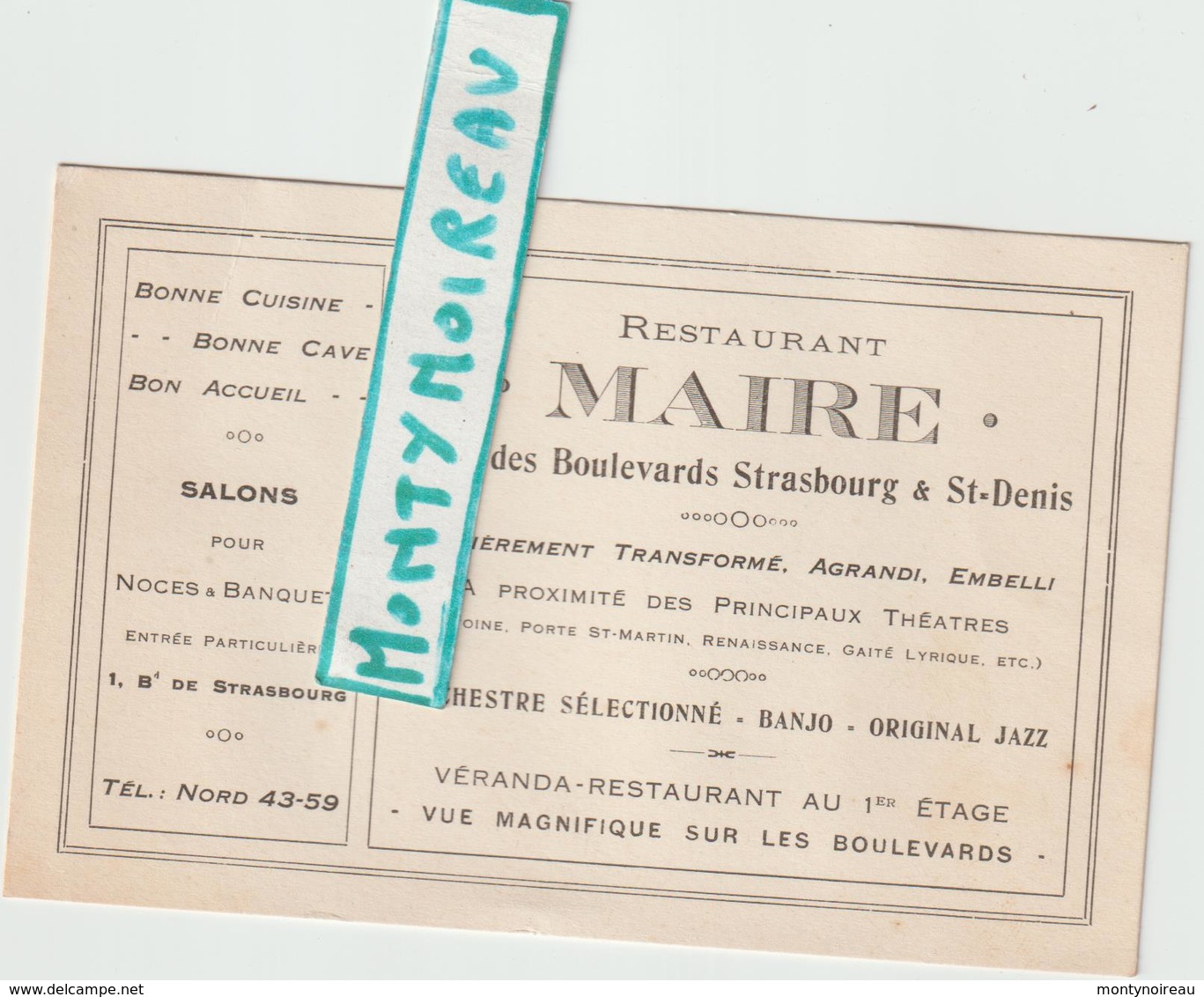 Vieux Papiers: Carte De  Visite : PARIS ST DENIS " Restaurant  Maire "  ( Jazz, Orchestre, ...) - Cartes De Visite