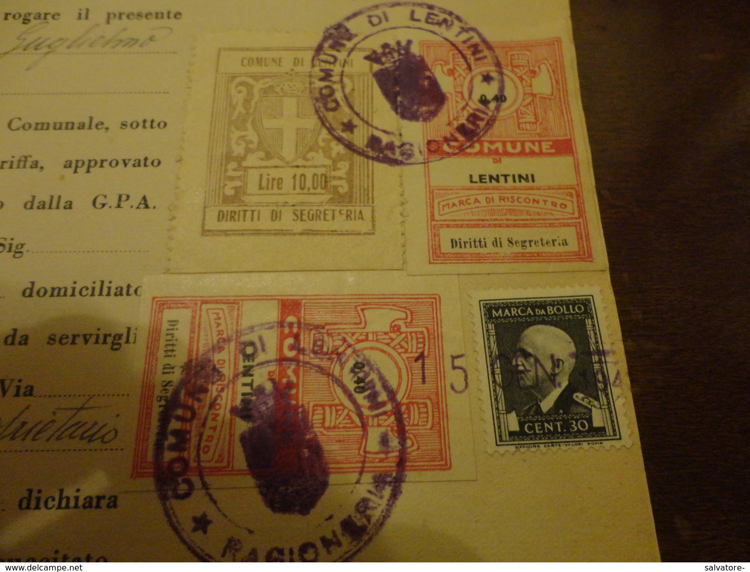 MARCHE DA BOLLO COMUNE LENTINI LIRE 10 + COPPIA LIRE 0,40 + 2 LIRE IMPOSTA SULL'ENTRATA + 1 - 1945 - Revenue Stamps
