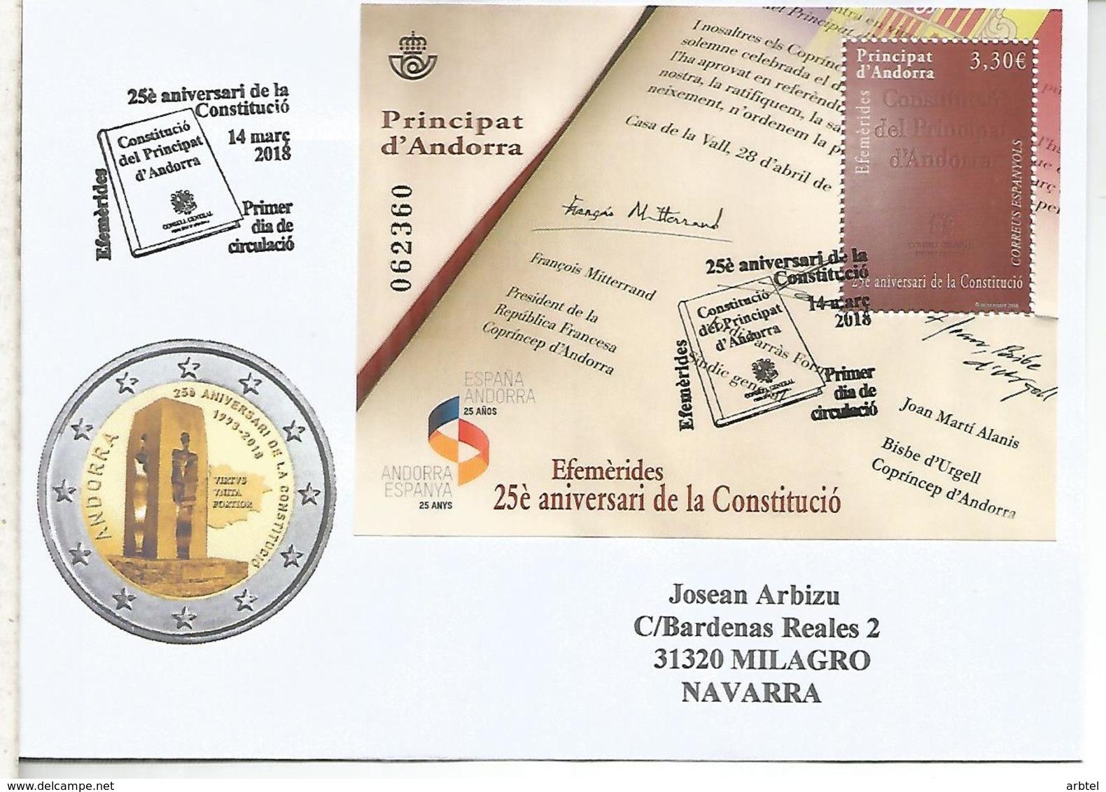 ANDORRA 25 ANIVERSARIO DE LA CONSTITUCION MAT PRIMER DIA - Cartas & Documentos