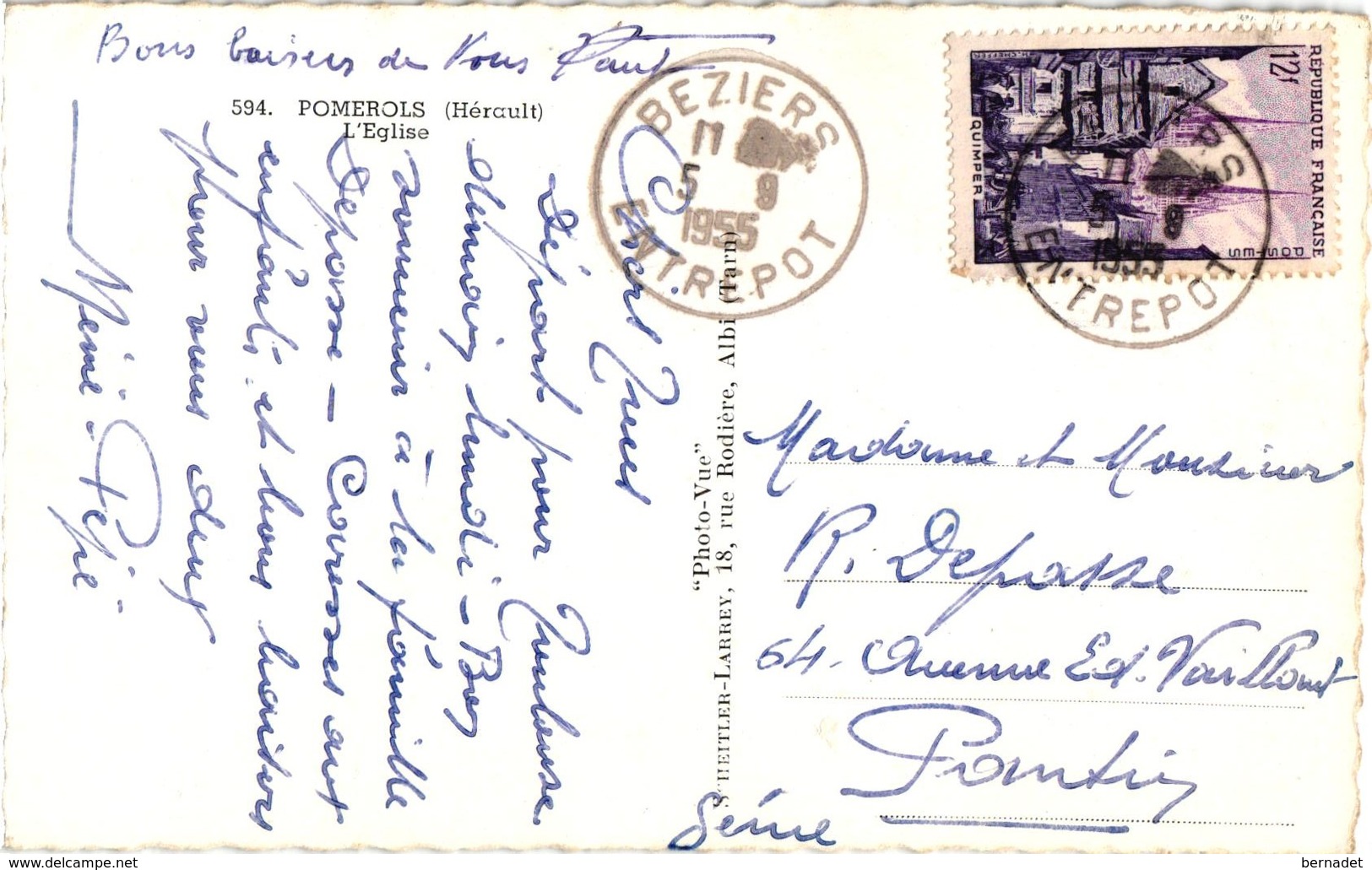 34 .. POMEROLS .. L'EGLISE .. 1955 .. CACHET BEZIERS ENTREPOT - Other & Unclassified