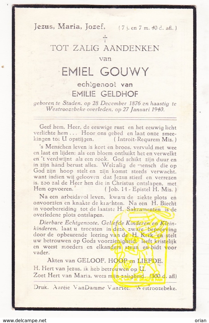 DP Emiel Gouwy ° Staden 1876 † Westrozebeke 1940 X Emilie Geldhof - Images Religieuses