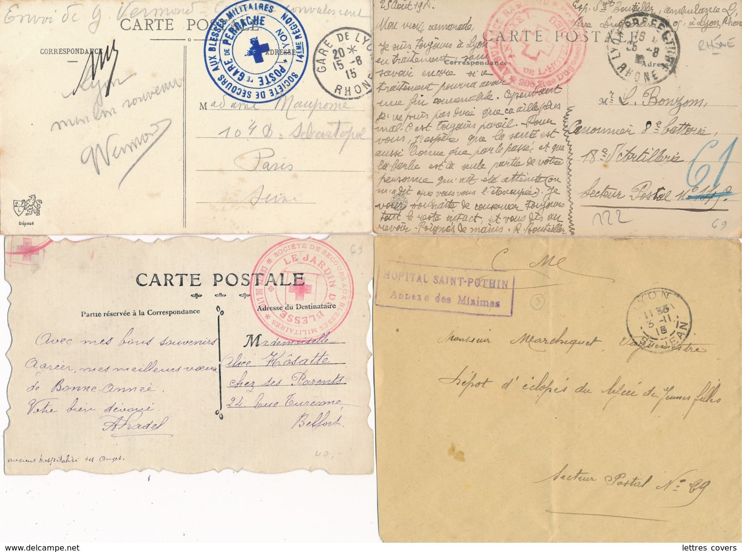 HOPITAUX MILITAIRES LYON RHONE - 4 LETTRES ET C P- Joli Lot - 1. Weltkrieg 1914-1918