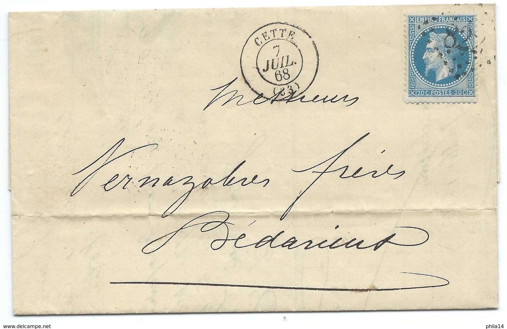 N° 29 BLEU NAPOLEON SUR LETTRE / CETTE POUR BEDARIEUX 1868 / AVEC CORRESPONDANCE - 1849-1876: Période Classique