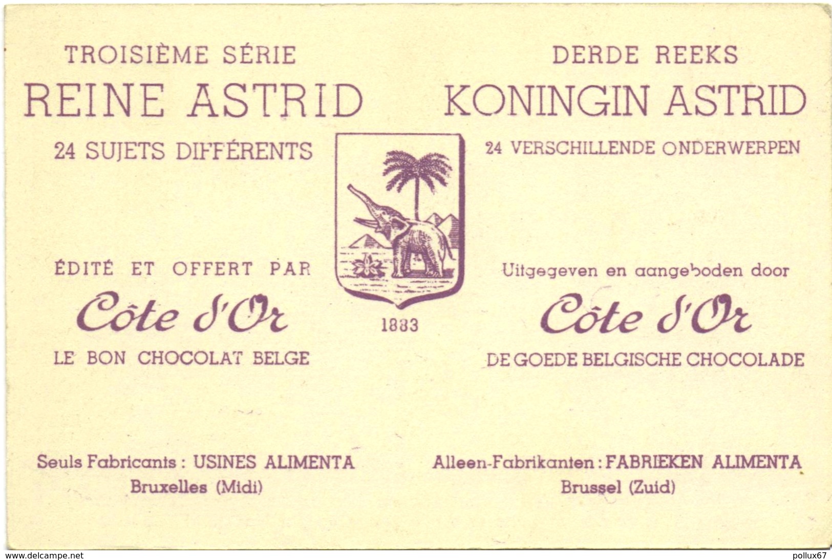 CARTE IMAGE PUBLICITAIRE CHOCOLAT CÔTE D'OR. TROISIEME SERIE : REINE ASTRID N° 6 - Chocolate