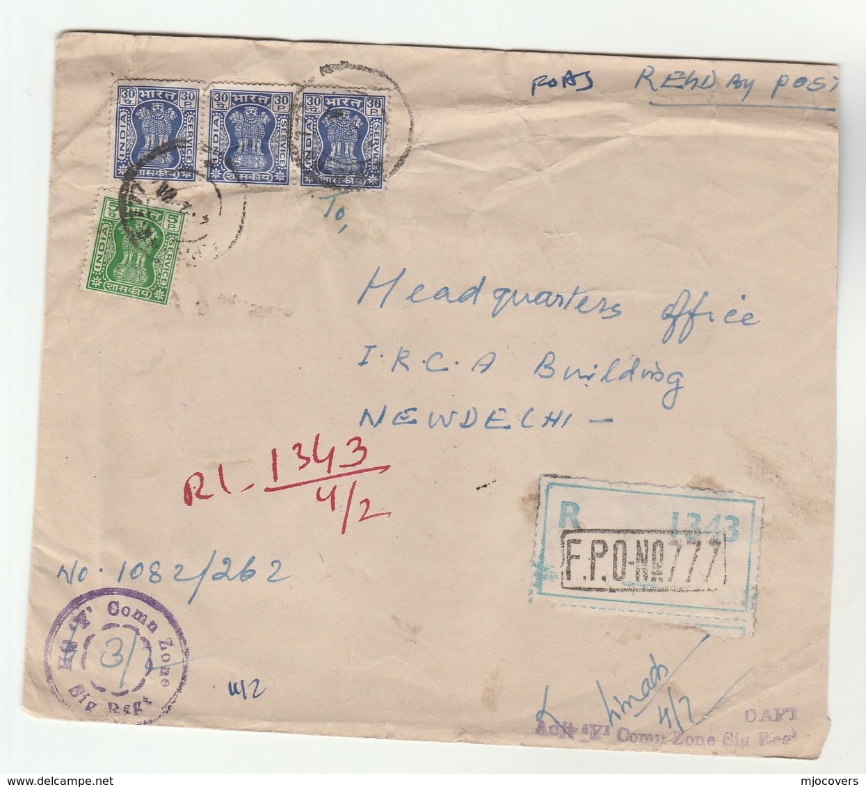 1971 Registered FPO 777 Cover HQ ADJ Y COMN ZONE SIG REGT INDIA Military Forces  Stamps Communication Signals - Military Service Stamp