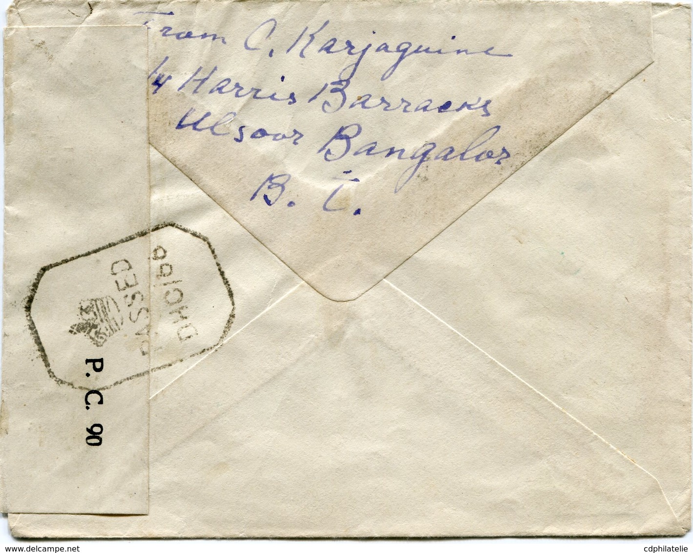 INDE ANGLAISE LETTRE CENSUREE DEPART ULSOOR (BANGALORE) 3 EM 1945 POUR LA FRANCE - 1936-47 Roi Georges VI