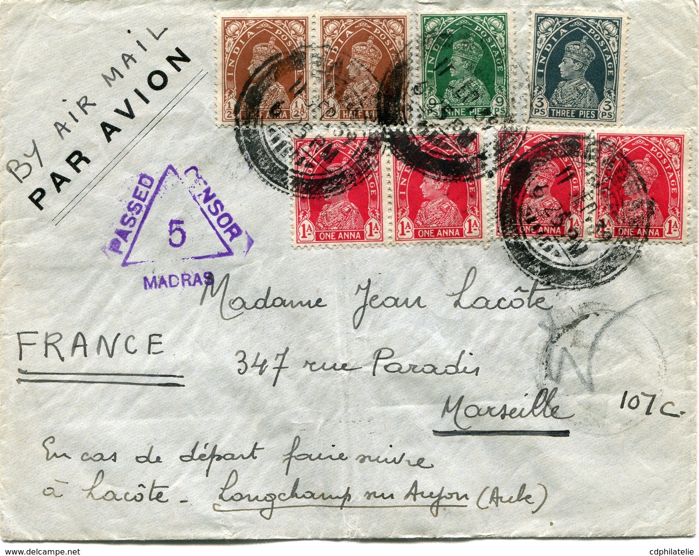 INDE ANGLAISE LETTRE PAR AVION CENSUREE AVEC AFFRANCHISSEMENT COMPLEMENTAIRE AU DOS DEPART MADRAS 11 SEP 39 POUR LA... - 1936-47 Koning George VI