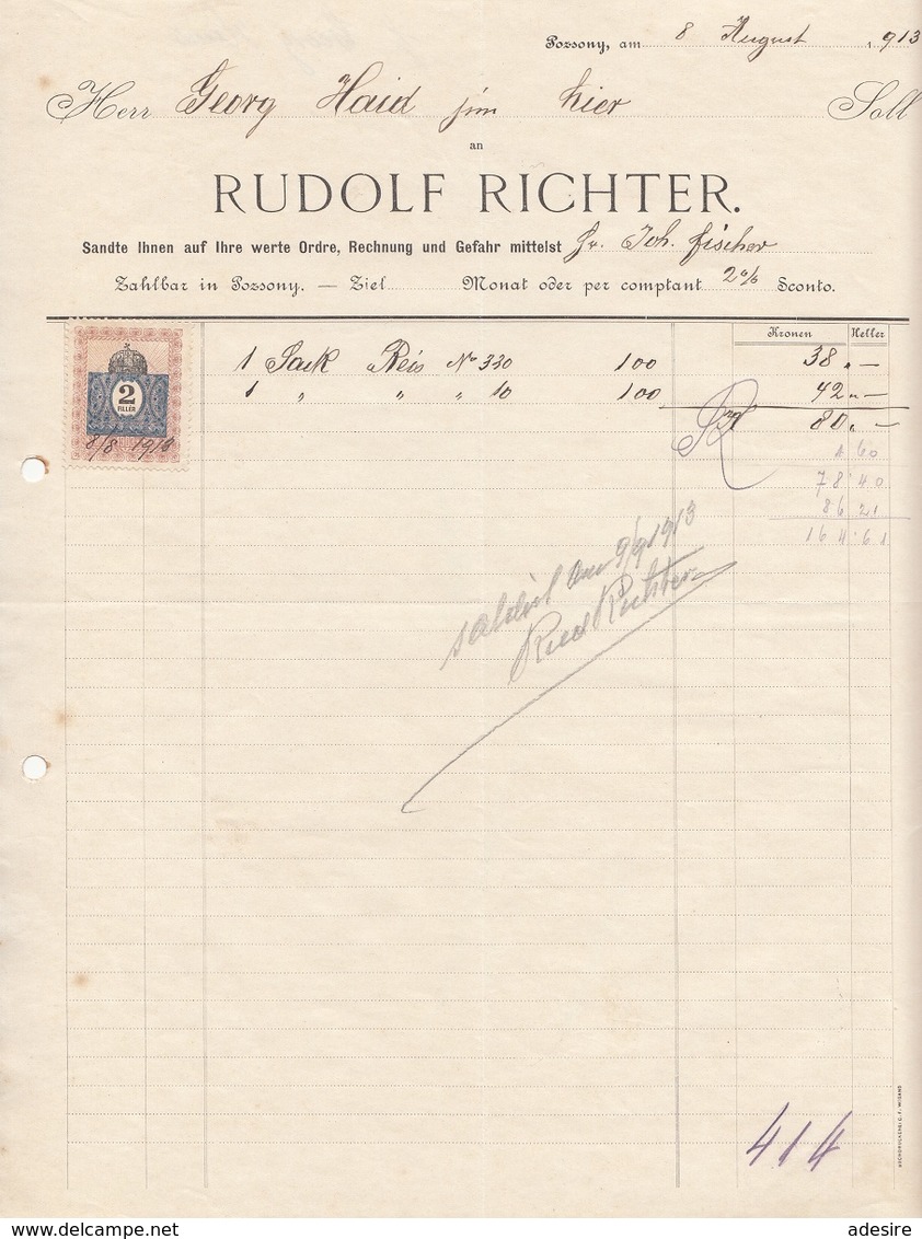 RECHNUNG 1913 Mit 2 Filler Stempelmarke, A4 Format, Gefaltet - Austria