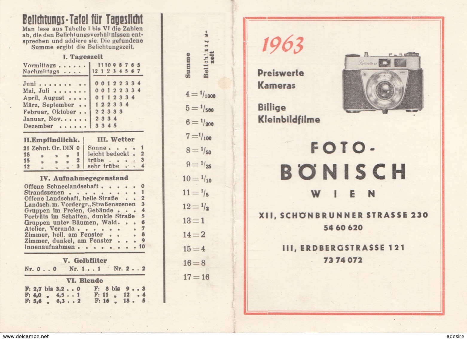 WERBEKALENDER 1963 FOTO BÖNISCH WIEN - Sonstige & Ohne Zuordnung