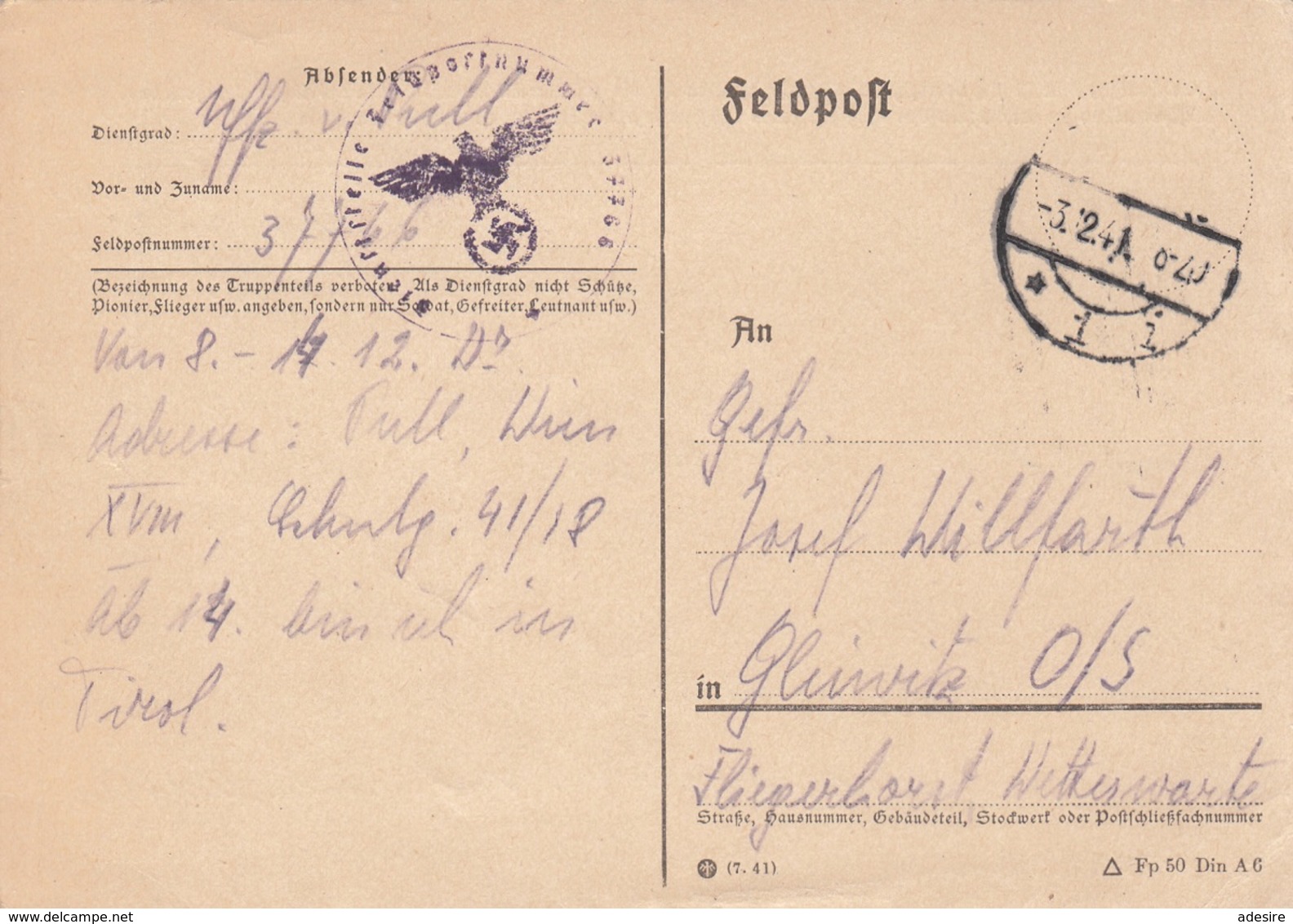 FELDPOSTKARTE 1941, Gel. > Gleiwitz - 1939-45