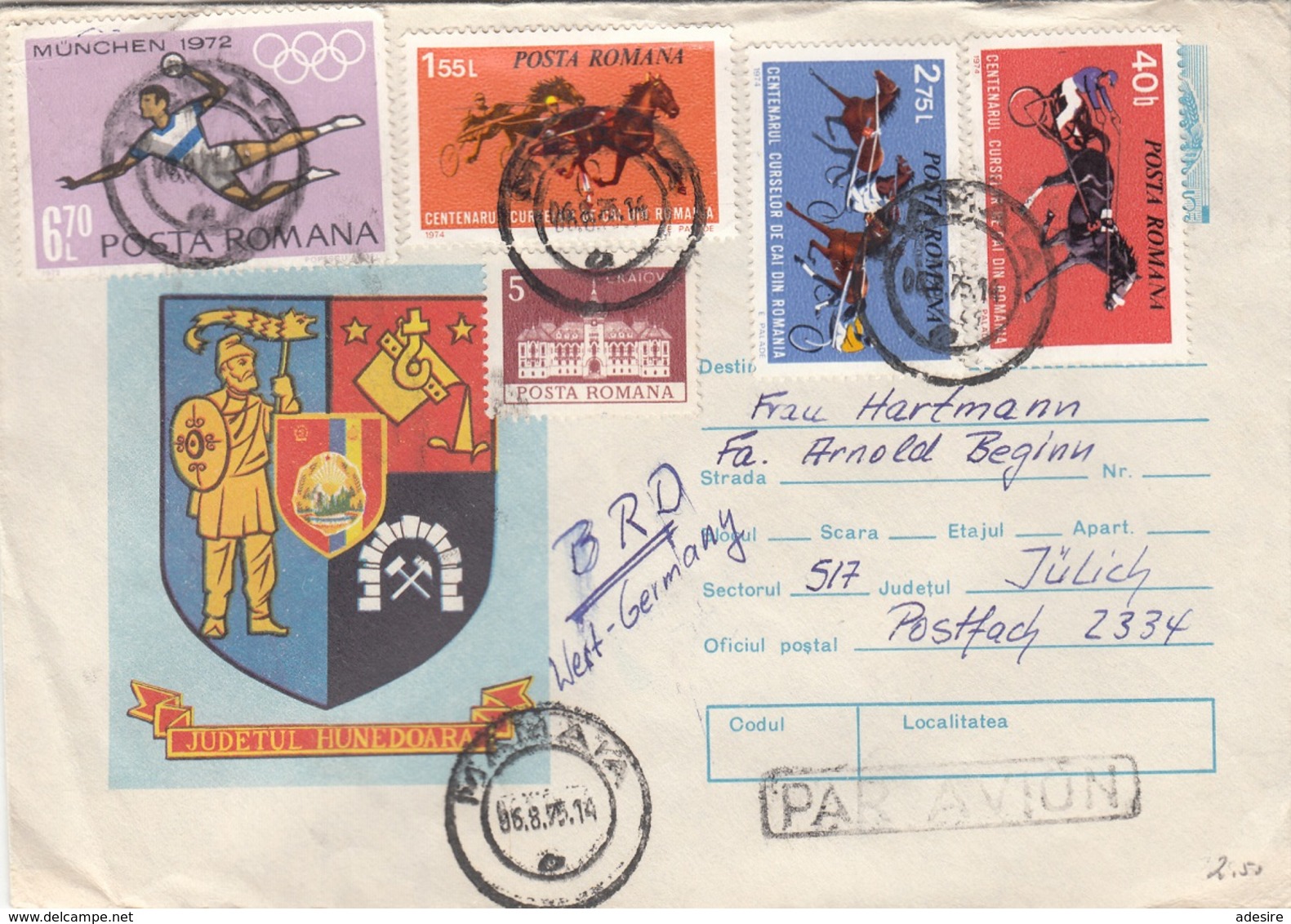 RUMÄNIEN 1975 - 5 Fach MIF Auf Brief Gel.v. Mamaia > Jülich - 1858-1880 Fürstentum Moldau