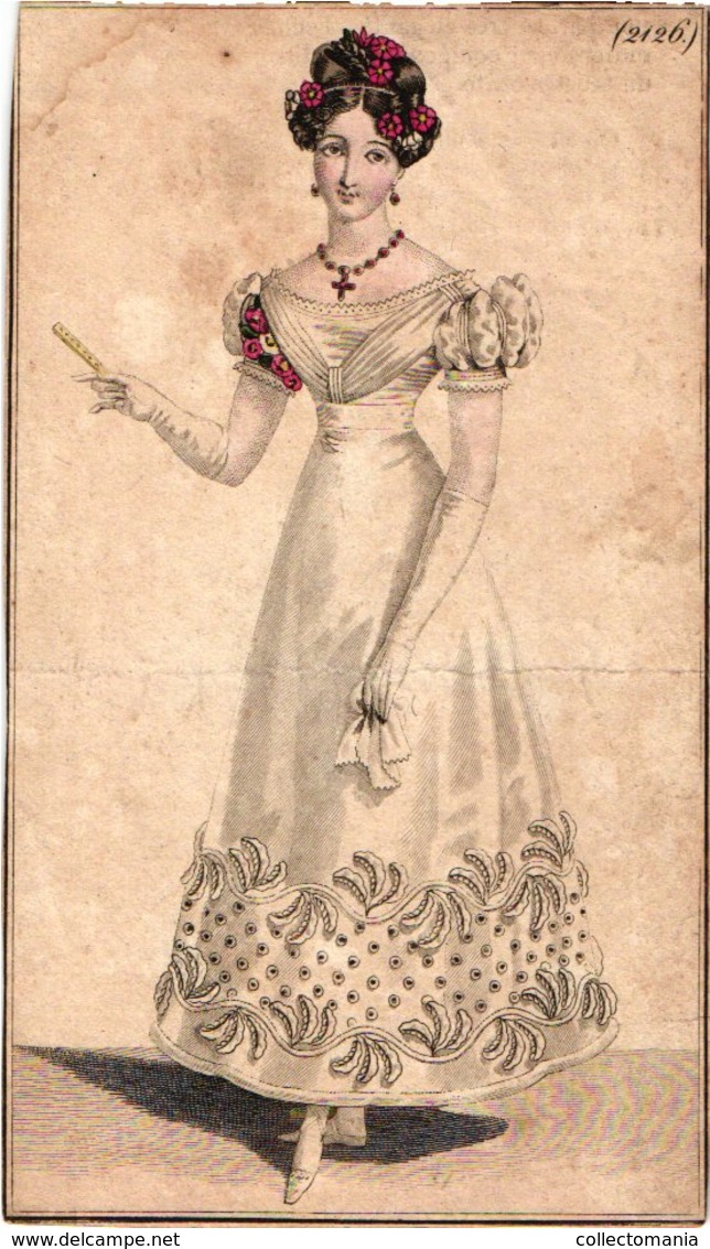 15 mode,  coloured around 1830 à 1840, approx  17 cm X 9cm gravures lithography  mode women & men dressed robes costumes