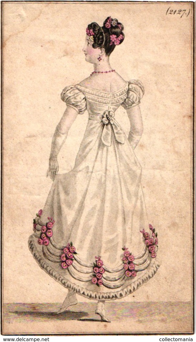 15 mode,  coloured around 1830 à 1840, approx  17 cm X 9cm gravures lithography  mode women & men dressed robes costumes