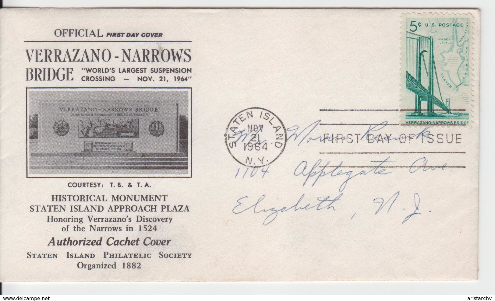 USA 1964 VERRAZANO NARROWS BRIDGE AUTHORIZED CAHET COVER FDC STATEN ISLAND PHILATELIC SOCIETY MAP - Ponti