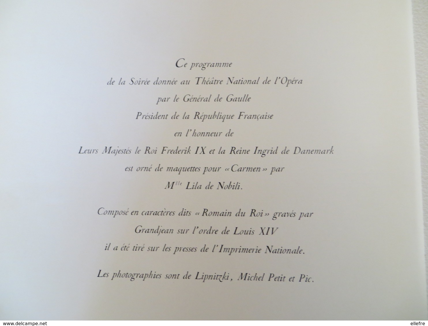 Réception du roi Frédéric XI et la reine Ingrid du Danemark par le Général De Gaulle Programme Opéra de Paris CARMEN