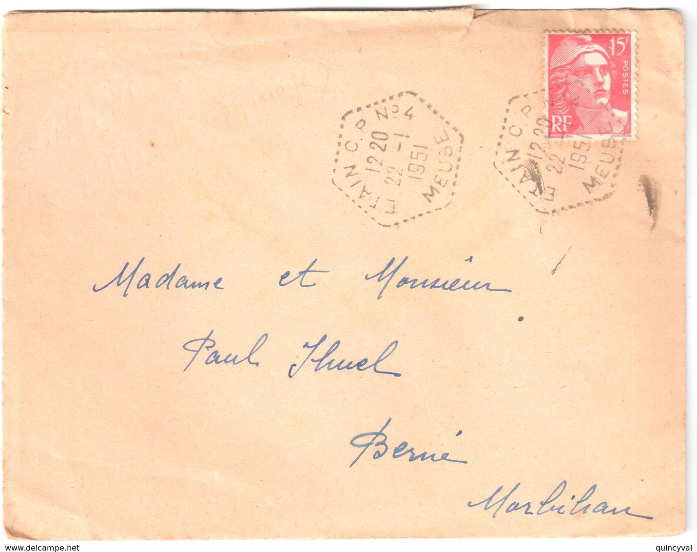 ETAIN CP N°4 Lettre St Jean Buzy Meuse 15F Gandon Rouge Yv 886 Ob Hexa Pointillé 1951 Correspondant Postal Lautier G7 - 1961-....