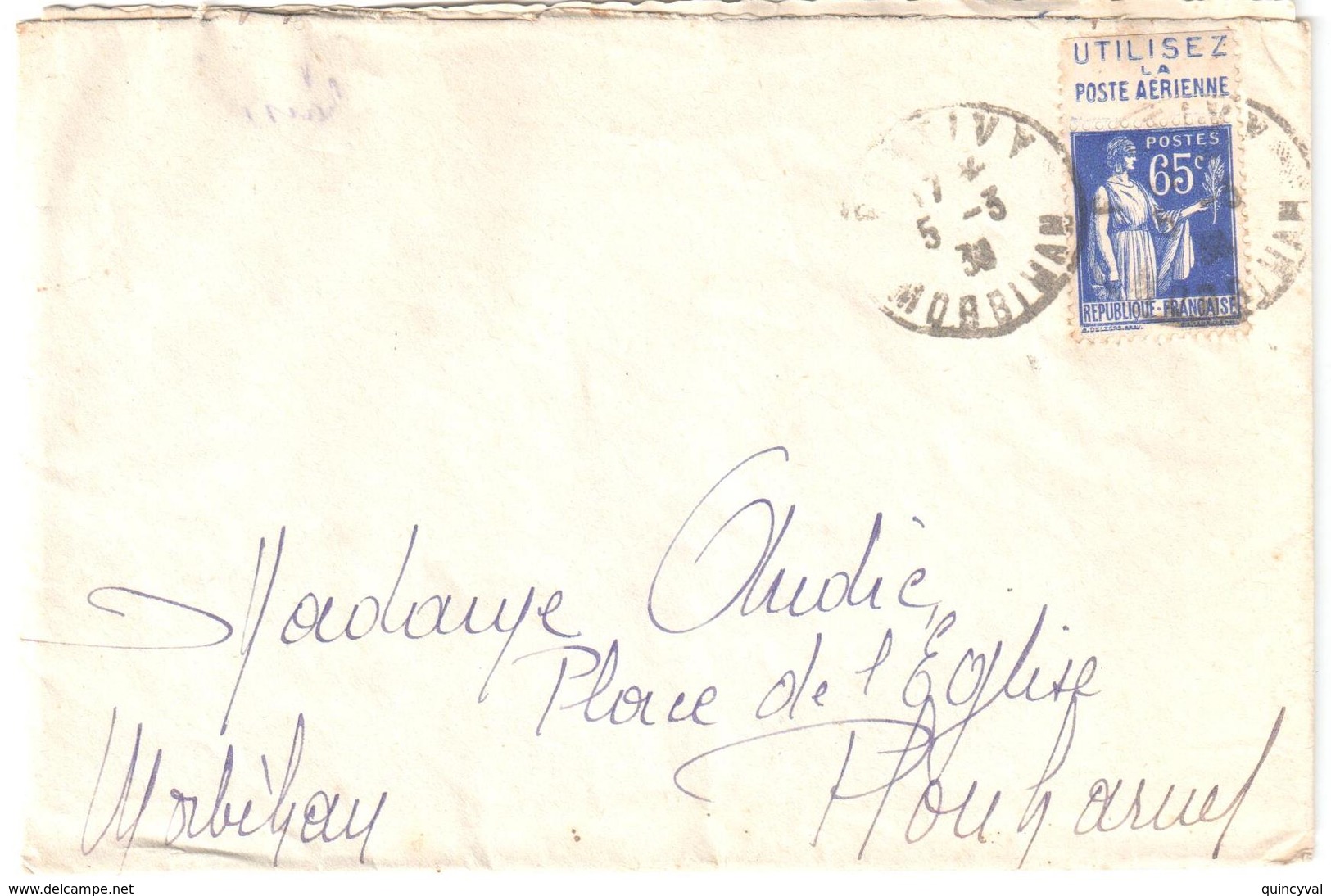 PONTIVY Morbihan Lettre 65c Paix Bleu Yv 365 Carnet Bande Pub Utilisez La POSTE AERIENNE Ob 1938 - Cartas & Documentos