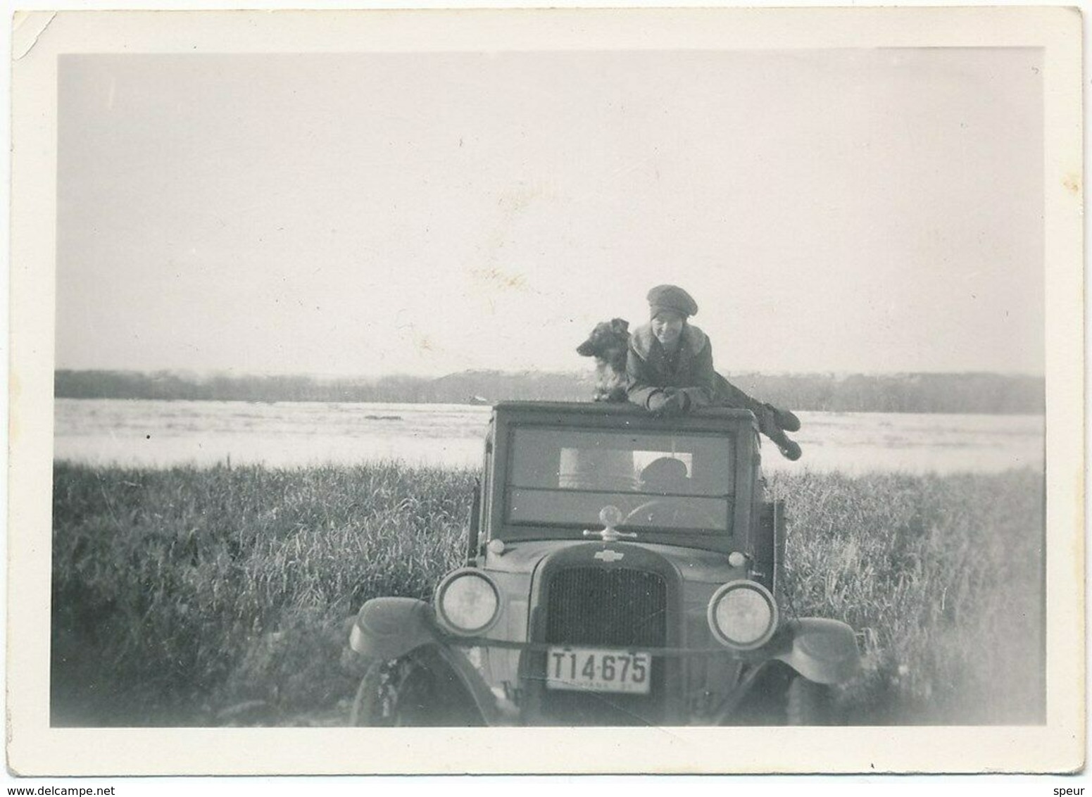 Vintage Snapshot Of Woman With Dog Posing On Top Of Car, ± 1930 - Anonieme Personen