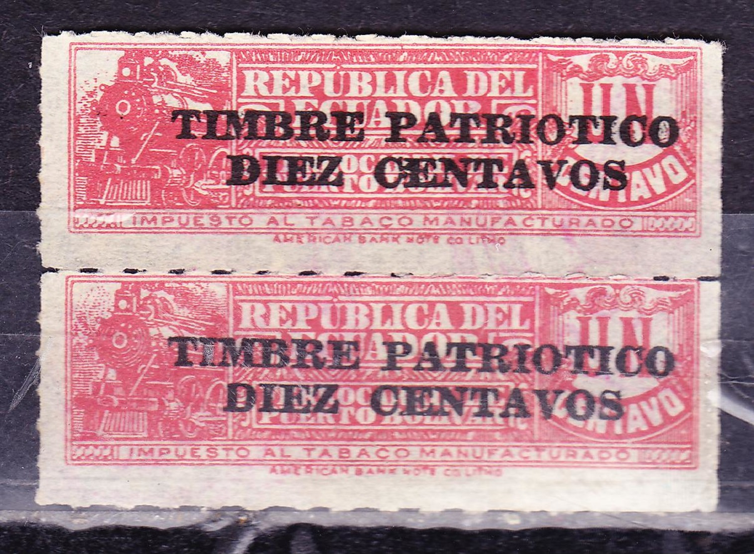 ECUADOR 1936 TOBACCO TAX PRO TRAIN RAILWAY PUERTO BOLIVAR SURCHARGED PATRIOTIC TIMBRE DIEZ CENTAVOS PAIR MNG SC# RA37 - Ecuador