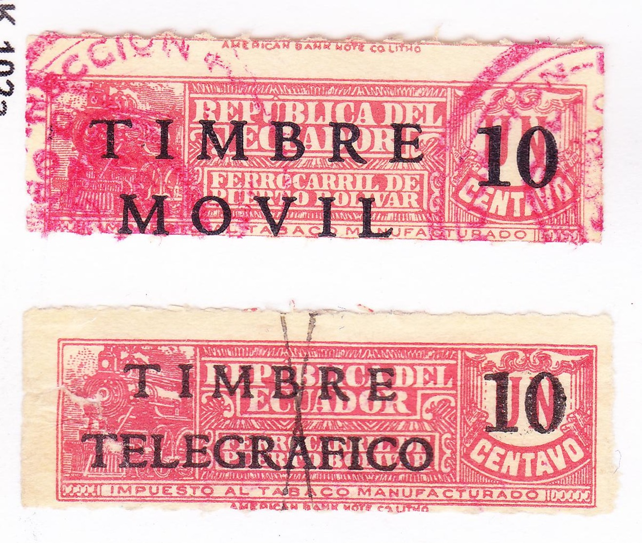 ECUADOR 1936 TOBACCO TAX PRO TRAIN RAILWAY PUERTO BOLIVAR SURCHARGED MOVIL DISPLACED ERROR RED POSTMARK & TELEGRAPH 10 C - Ecuador