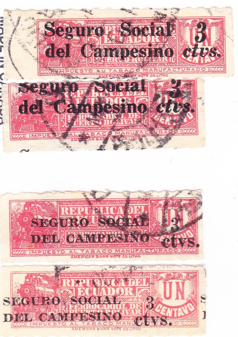 ECUADOR 1936 TOBACCO TAX PRO TRAIN RAILWAY SURCHARGED INSURANCE RURAL WORKERS 3 CENTS ERROR DISPLACED SC# RA32-RA34 - Ecuador