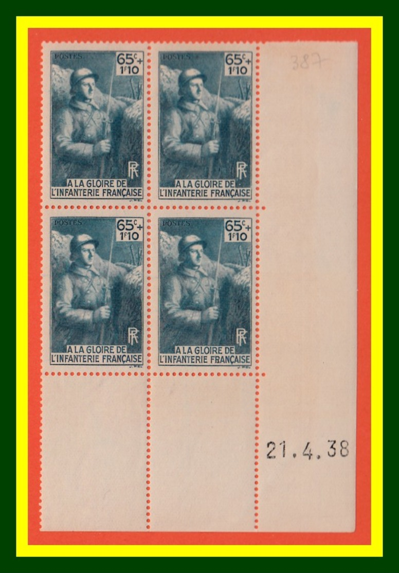 FRANCE 387** - Infanterie 65c + 1.10 F Bleu-vert - Bloc De 4 TP Daté 21.4.38 - Cote 35 € - 1930-1939