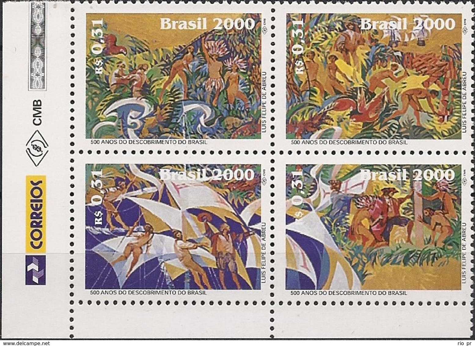 BRAZIL - BLOCK OF 4 DISCOVERY OF BRAZIL, 500th ANNIVERSARY (BOTTOM LEFT CORNER) 2000 - MNH - Neufs