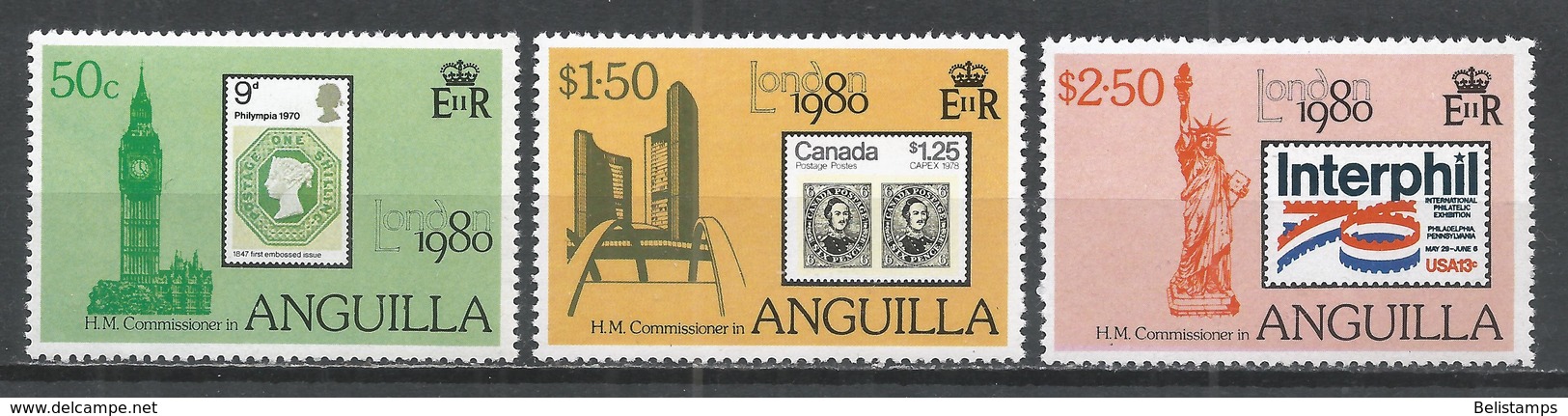 Anguilla 1980. Scott 391-393a (MNH) London International Stamp Exhibition  *Complete Set* - Anguilla (1968-...)