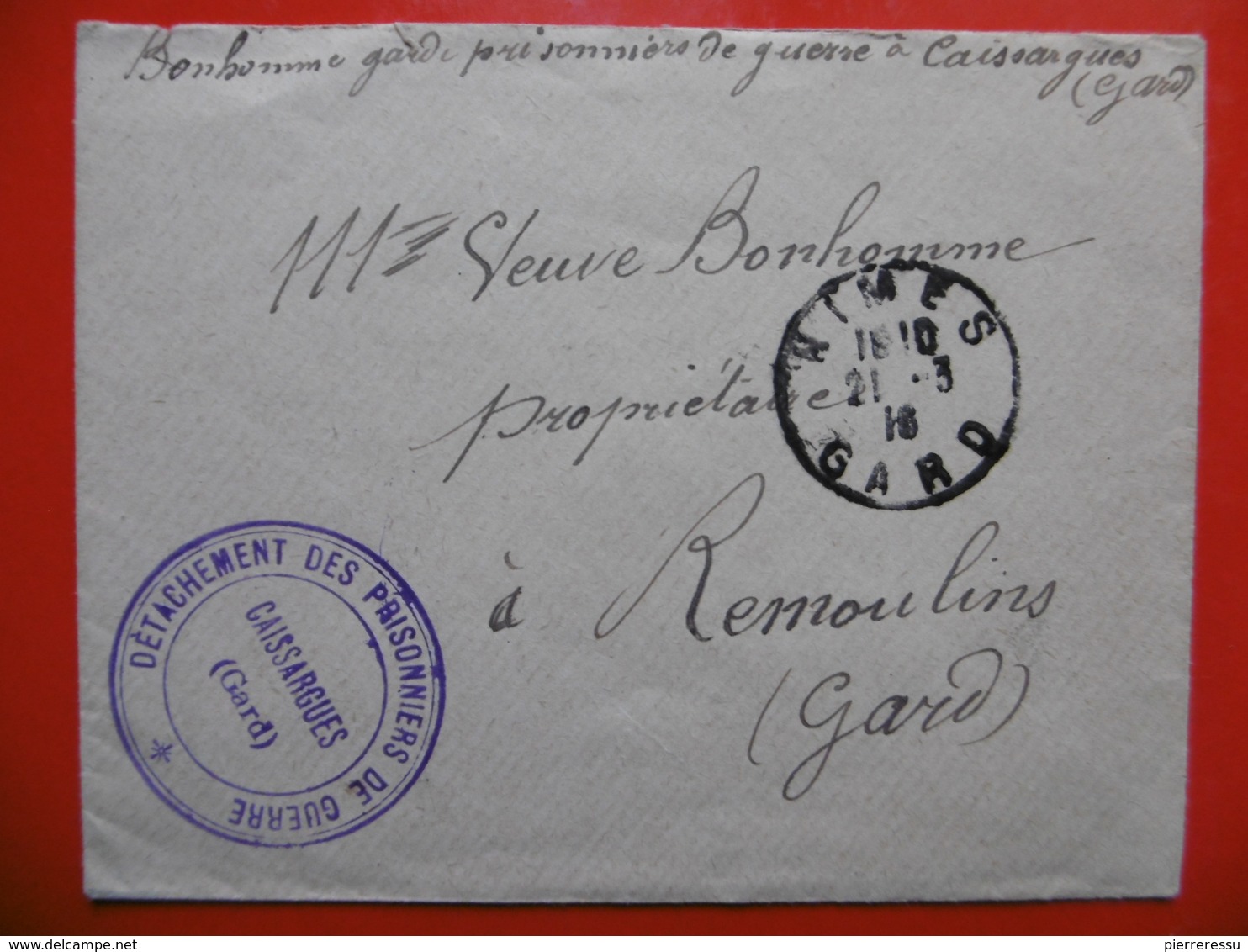 LETTRE CAISSARGUES CACHET DE FRANCHISE MILITAIRE DETACHEMENT DES PRISONNIERS DE GUERRE 1916 - 1877-1920: Semi Modern Period