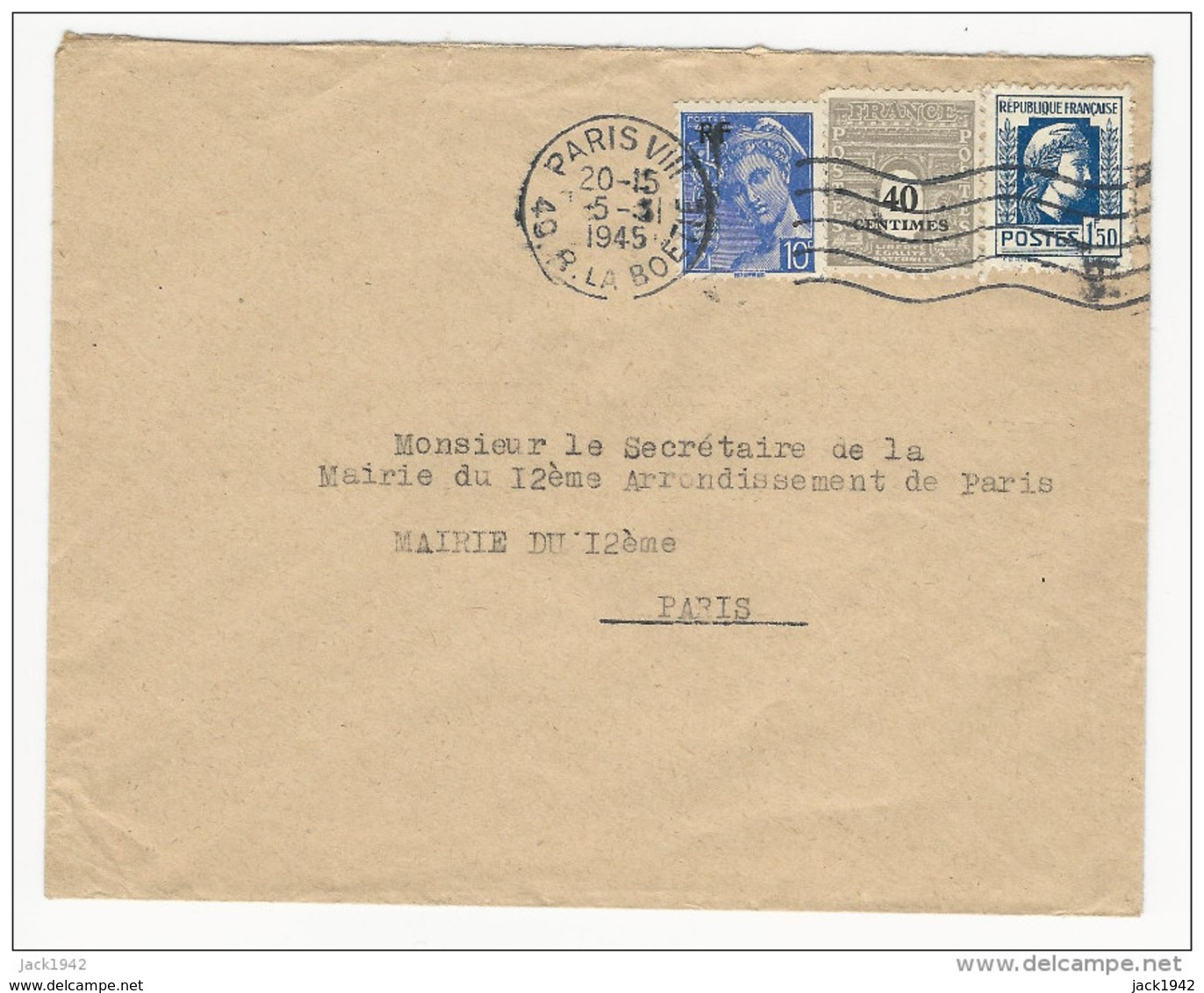 1945 - Enveloppe De Paris Pour Paris  Affranchie 1f50 Marianne D'Alger + 40c Arc 1° + 10c Mercure Surch. RF - 1944 Coq Et Marianne D'Alger