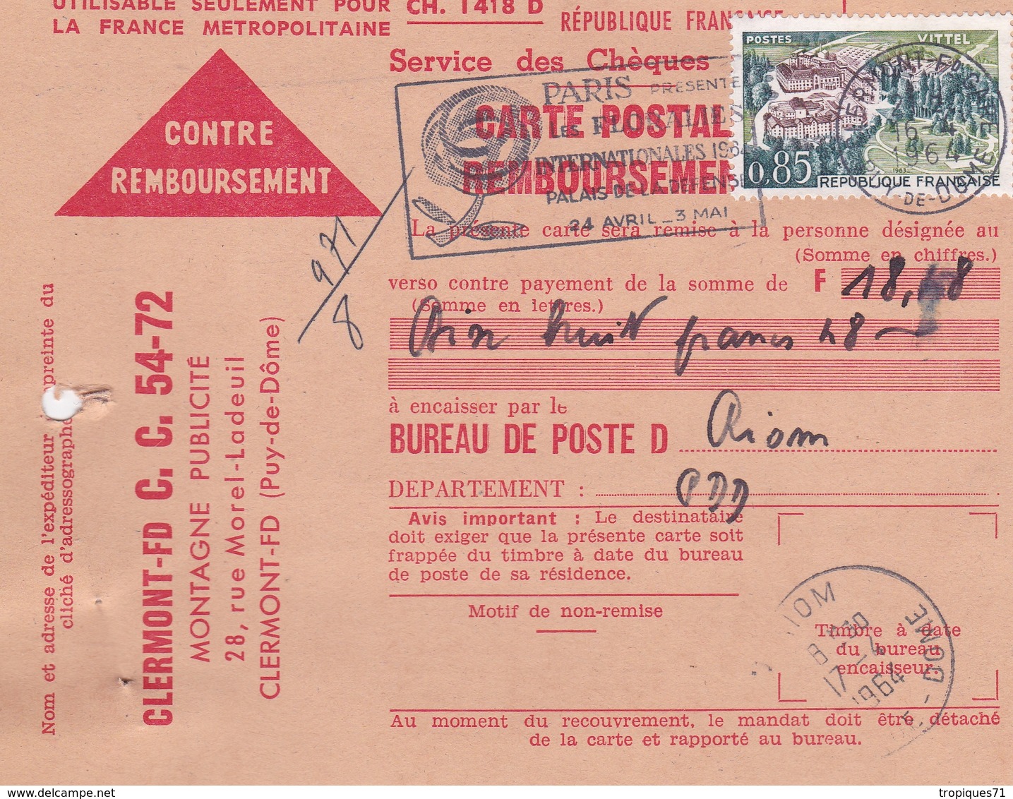 FRANCE CARTE CONTRE REMBOURSEMENT CLERMONT FERRAND BUREAU POSTE DE RIOM EN 1964 - 1961-....