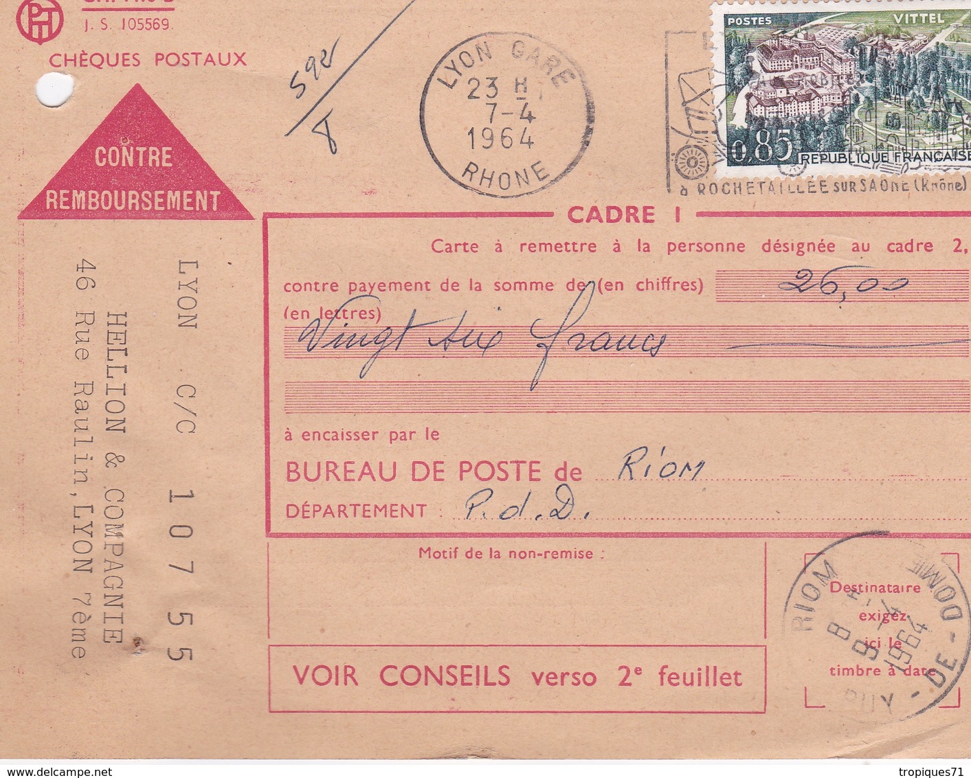 FRANCE CARTE CONTRE REMBOURSEMENT CLERMONT FERRAND BUREAU POSTE DE RIOM EN 1964 - 1961-....