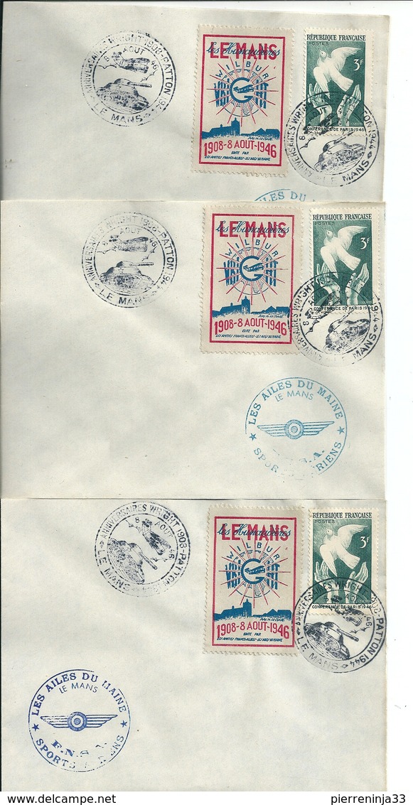 (4) Lot 3 Lettres Commémoratives/Sports Aériens/Char Américain Patton 1946+Vignette Le Mans - 1927-1959 Lettres & Documents