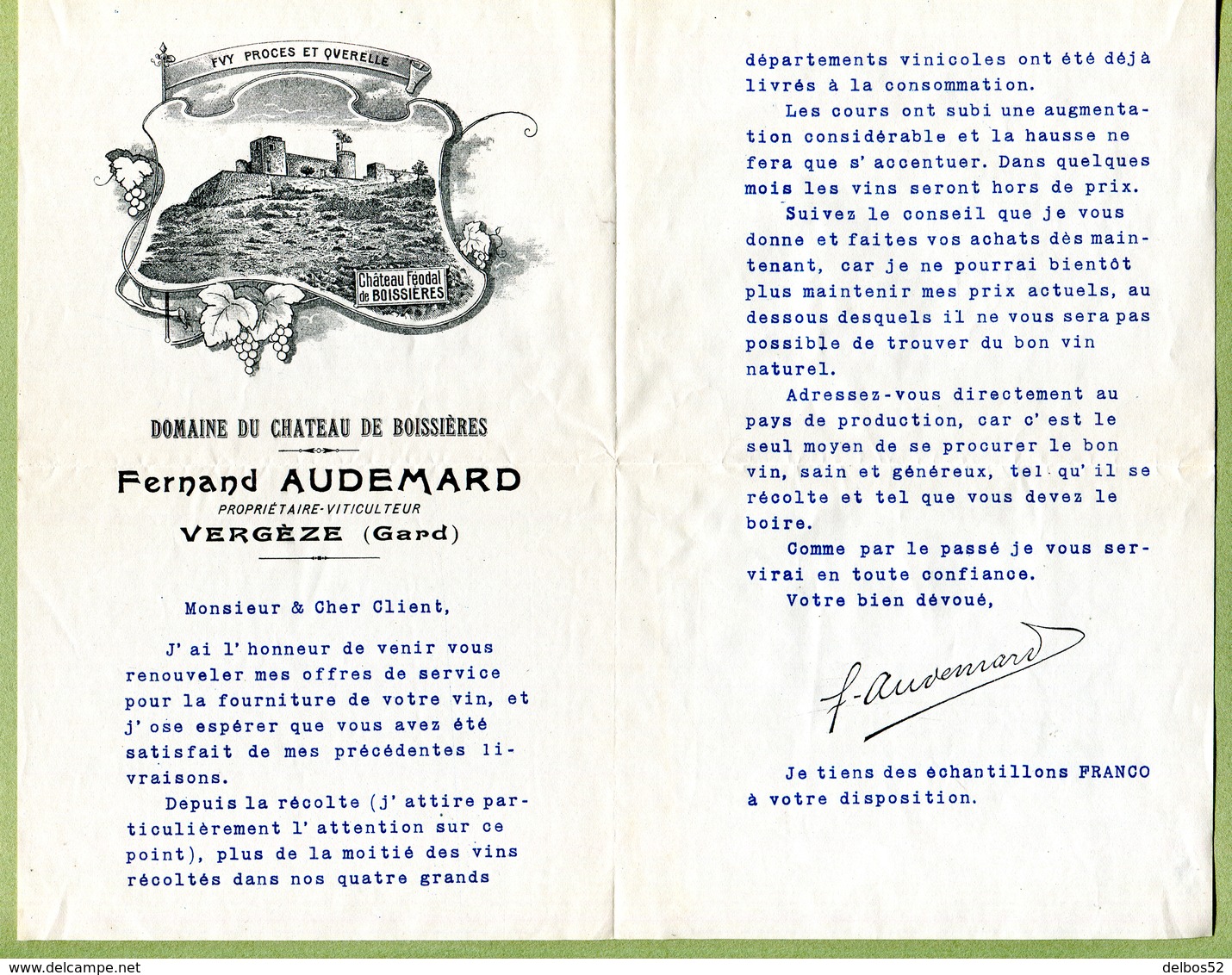 VERGEZE  (30) : " Vin Fernand AUDEMARD - Château De Boissières "  Dépliant  Publicitaire 1913 - Publicités