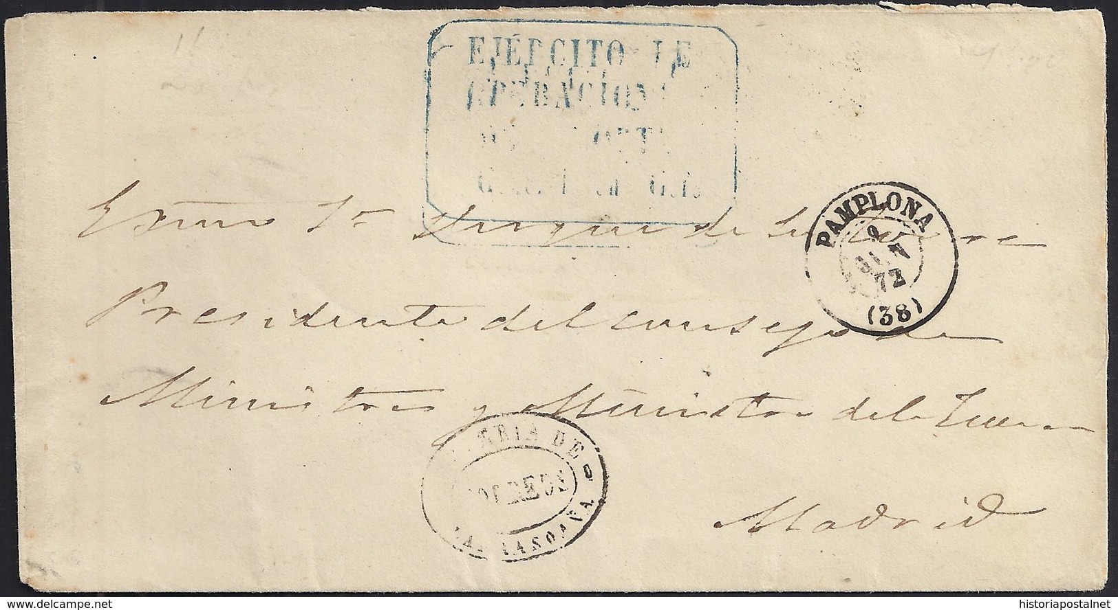 1872. LARRASOAÑA A MADRID. MARCA "EJERCITO DE/OPERACIONES/DEL NORTE/GENERAL EN JEFE" Y "CARTERIA DE/LARRASOAÑA". - Lettres & Documents