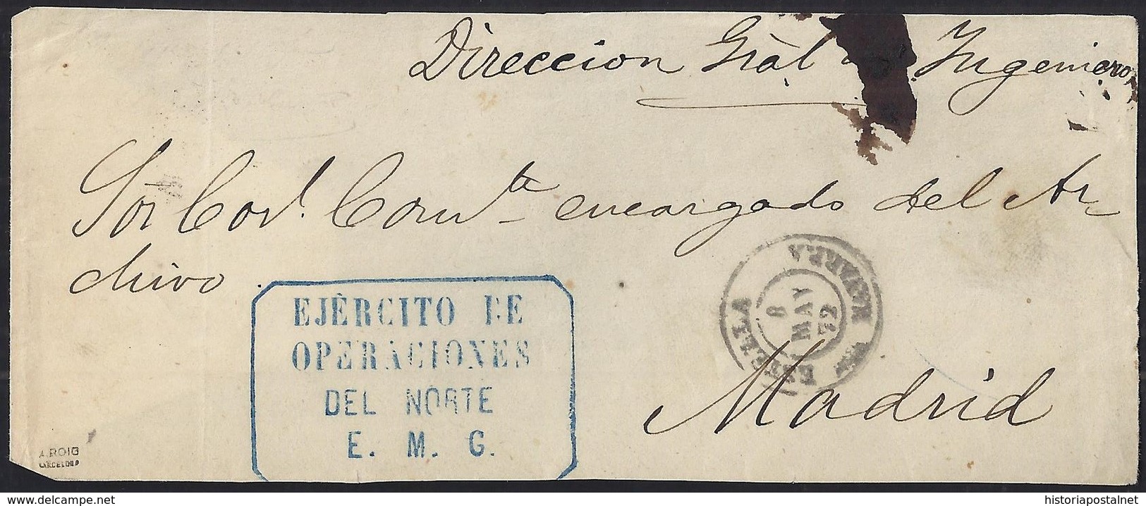 1872. FRONTAL. ESTELLA A MADRID. "EJERCITO DE/OPERACIONES/DEL NORTE/E.M.G." AZUL. MAGNÍFICA Y RARA 3ª GUERRA CARLISTA. - Covers & Documents