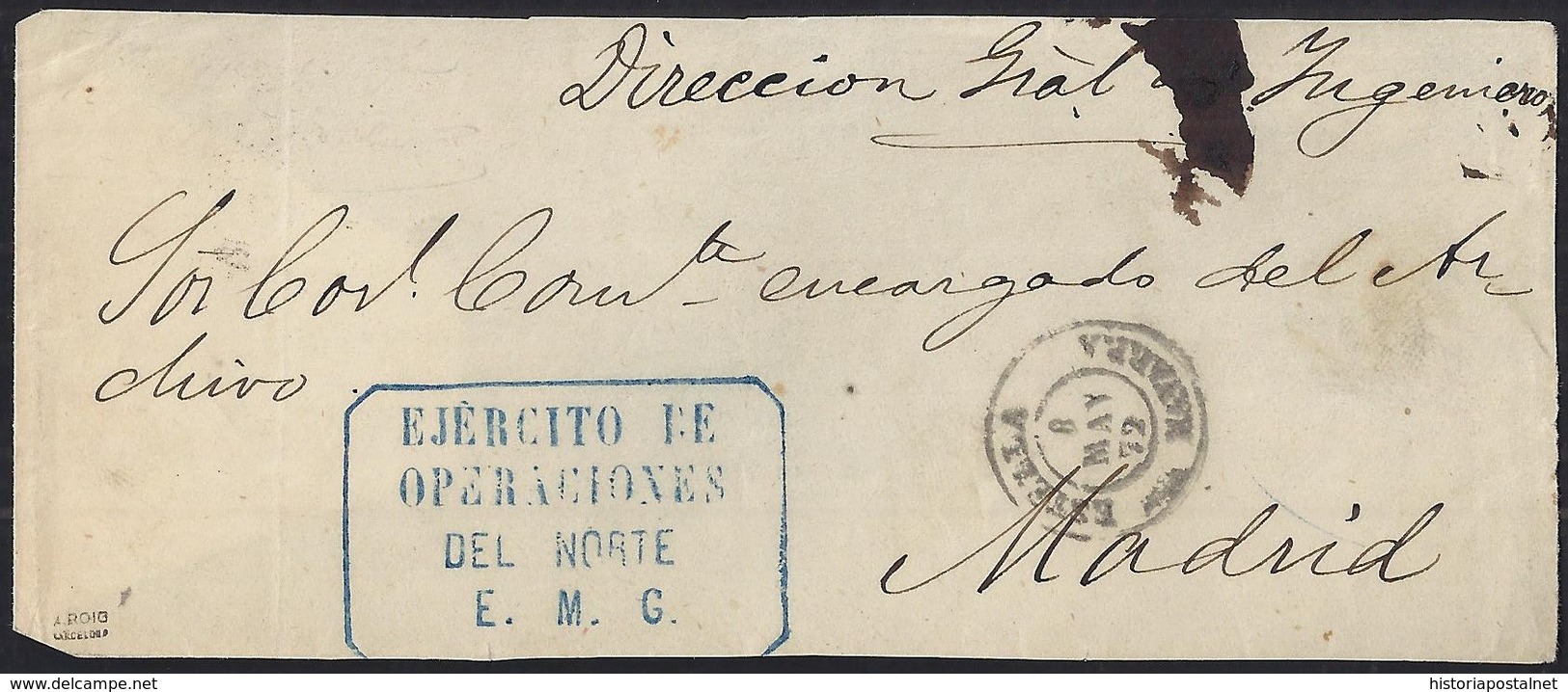 1872. FRONTAL. ESTELLA A MADRID. "EJERCITO DE/OPERACIONES/DEL NORTE/E.M.G." AZUL. MAGNÍFICA Y RARA 3ª GUERRA CARLISTA. - Cartas & Documentos
